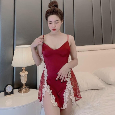 Váy ngủ lụa hai dây ren hông xẻ trước hở lưng quyến rũ Q84 - Đầm ngủ nữ sexy - Đồ ngủ mạc nhà