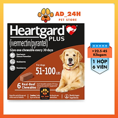 1 hộp x 6 viên HEARTGARD brown tẩy giun cho chó từ 22.5-45kg