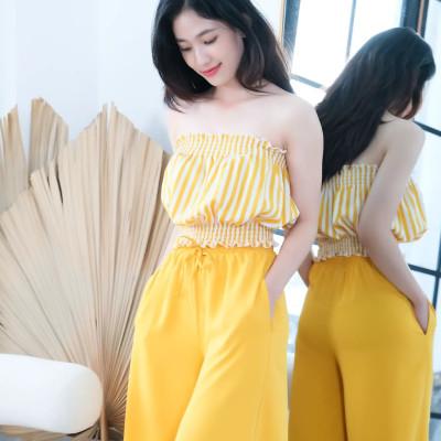 Đồ Bộ Mặc Nhà LMcation - Áo ống Carol màu sọc vàng & Quần váy dài Mila màu vàng