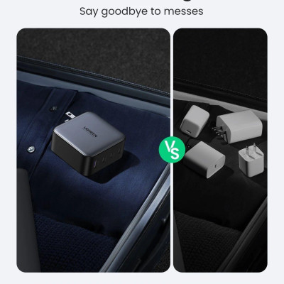 Ugreen UG40737CD226TK 100W US PD3.0 GaN màu đen 3C + 1A sạc siêu nhanh 4 cổng 3 x usb type C và 1 x A chân cắm dẹp - HÀNG CHÍNH HÃNG