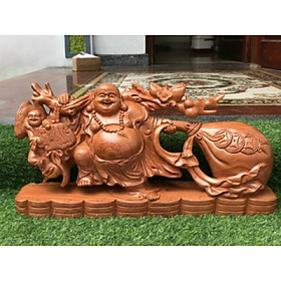 Tượng phật di lặc kéo bao tiền vàng bằng gỗ hương đá kt 60×30×14cm