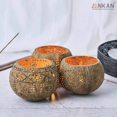 Đèn Gáo Dừa Đựng Nến Tealight Hoa Cúc Handmade Decor Tự Nhiên Trang Trí Spa Cafe ANKAN