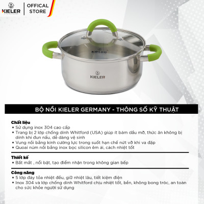 Nồi Inox 5 đáy KIELER đáy từ 18cm nấu nhanh, tiết kiệm điện, có 2 lớp chống dính Whitford ít bám dầu mỡ RW1003-18