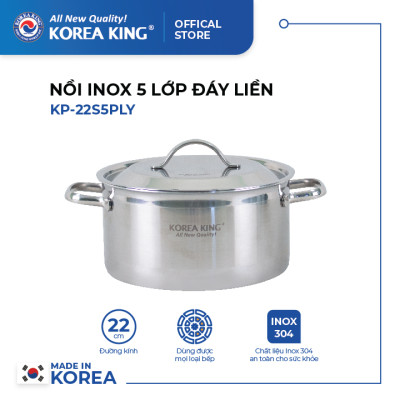 KP-22S5PLY Nồi inox 5 lớp đáy liền Korea King (Nồi, nắp đều bằng inox, đường kính 22cm, dung tích 4L)-Hàng chính hãng