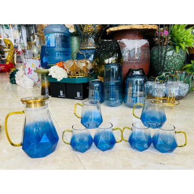 Bộ 6 cốc uống nước thủy tinh màu xanh biển vân kim cương quai vàng