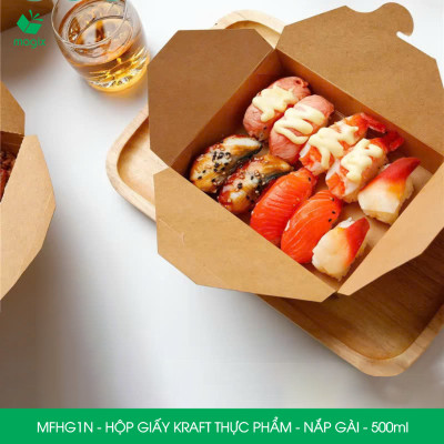 MFHG1N - 50 hộp giấy kraft thực phẩm 500ml, hộp giấy nắp gập màu nâu đựng thức ăn, hộp giấy nắp gài gói đồ ăn mang đi 