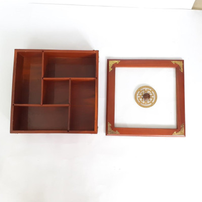 Khay Đựng Mứt Tết Bánh Kẹo  Vuông 5 Ngăn Gỗ Gõ Tự Nhiên-DAICAT - Hình lục giác Chữ Phúc Lộc Thọ