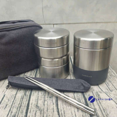 Bộ Hộp Cơm Giữ Nhiệt Lock&Lock Dung Tích  1.150ml (450ml*1, 420ml*1, 280ml*1  Kèm Đũa Và Túi Xách) Giữ Nhiệt Tới 6h - Màu Xám