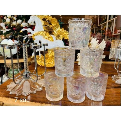 Bộ 6 Ly, Cốc thủy tinh hoạ tiết nổi (Không có viền vàng) - Ly thủy tinh chịu nhiệt