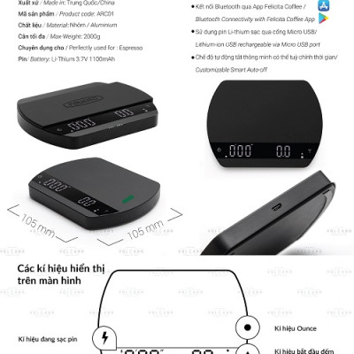 Cân điện tử Felicita Arc cho pha chế cà phê espresso đồ uống có đếm giờ pin sạc