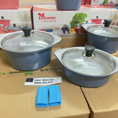 BỘ 3 NỒI ECORAMIC HỒNG XANH 20CM 22CM 24CM ĐÁY TỪ TẶNG KÈM 1 CẶP NHẤC NỒI SILICON