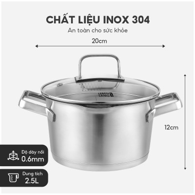 Nồi inox 304 vung kính đáy 3 lớp Lebenlang LBL2529, size 20 có khe chắt nước, dùng cho mọi loại bếp - hàng chính hãng