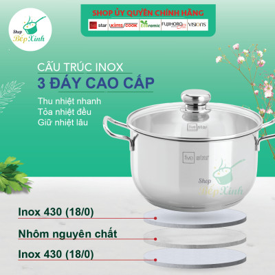 Bộ nồi xửng hấp 3 đáy inox 430 FiveStar Standard nắp kính tặng 1 muỗng canh (24cm /26cm / 28cm /30cm /32cm)