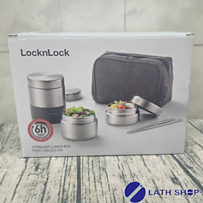 Bộ Hộp Cơm Giữ Nhiệt Lock&Lock Dung Tích  1.150ml (450ml*1, 420ml*1, 280ml*1  Kèm Đũa Và Túi Xách) Giữ Nhiệt Tới 6h - Màu Xám