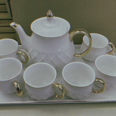 Bộ ắm chén pha trà kèm khay sứ camelia trắng vân caro - ANTH468