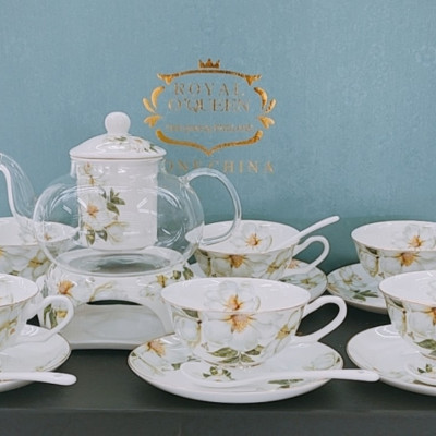 BỘ ẤM THỦY TINH PHA TRÀ HOA KÈM 6 CỐC KHAY VÀ THÌA SỨ XƯƠNG CAO CẤP - VD58