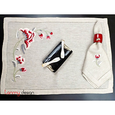 Bộ lót đĩa và khăn ăn linen thêu hoa trà đỏ