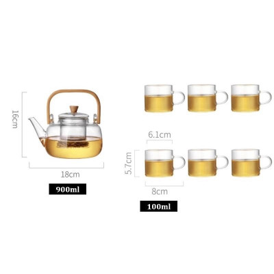 Bộ ấm chén thủy tinh tay gỗ cao pha trà 900ml kèm khay gỗ ( KHay giao ngẫu nhiên )