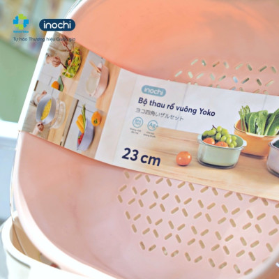 Bộ thau rổ nhựa vuông inochi Yoko chính hãng, rổ to kèm thau trong suốt đựng rửa rau tiện lợi, an toàn, kháng khuẩn - Tặng kèm hình dán sticker 