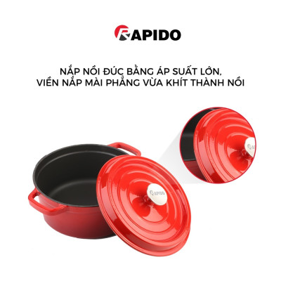 Nồi gang đúc tráng men Rapido cao cấp size 22cm phù hợp mọi loại bếp gia đình - Hàng chính hãng