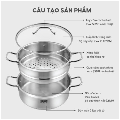 Xửng hấp 2 tầng Lebenlang LBL2537 và LBL2538, size 26, 28cm, vung kính, dùng cho mọi loại bếp - hàng chính hãng