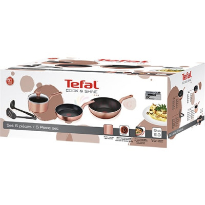 Bộ nồi chảo 6 món Tefal Cook&Shine (Chảo 24/Chảo xào 28/Quánh 18/Sạn/Vá) G803S695 - Hàng chính hãng