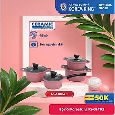 KS-GL4TCI Bộ nồi Korea King ( màu hồng, bộ gồm 3 nồi đường kính 20, 22, 24cm + 1 quánh 18cm, nắp kính) Hàng chính hãng