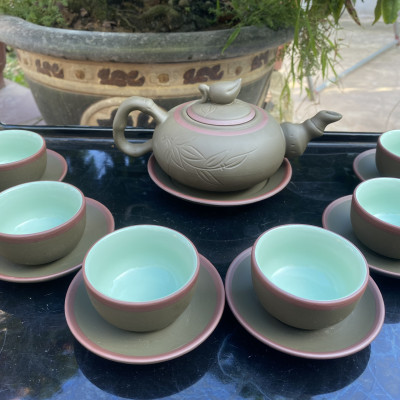 Bộ ấm trà tử sa trúc đào S1 xanh chỉ lòng xanh