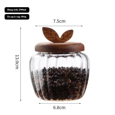 Lọ thủy tinh tròn nắp gỗ ron kín dung tích 700ml decor bếp