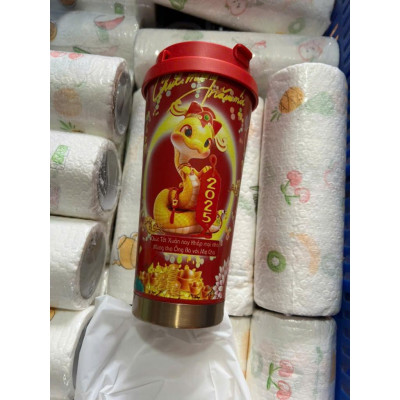 Ly, cốc giữ nhiệt Coffee  mầu đỏ Linh Chi Bedding Họa tiết con rắn 2025 sang trọng 500ml kèm ống hút