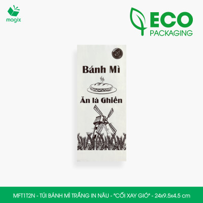 MFT1T2N - 24x9.5x4.5 cm - 100 Túi bánh mì Trắng, in sẵn họa tiết CỐI XAY GIÓ - Bao bánh mì Túi giấy thực phẩm an toàn