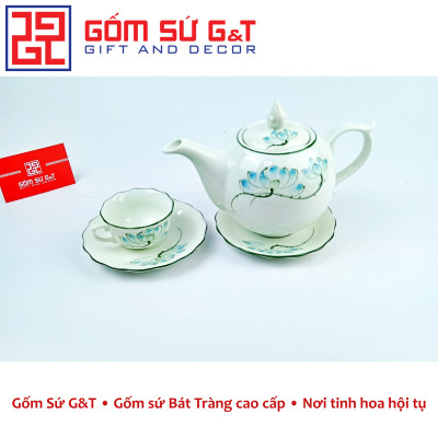 Bộ trà chóp lửa men kem vẽ sen xanh Gốm Sứ G&T