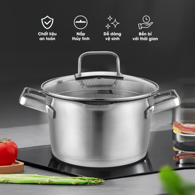 Nồi inox 304 vung kính đáy 3 lớp Lebenlang LBL2529, size 20 có khe chắt nước, dùng cho mọi loại bếp - hàng chính hãng