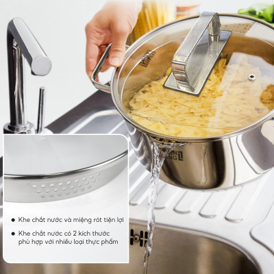 Nồi inox 304 vung kính đáy 3 lớp Lebenlang LBL2529, size 20 có khe chắt nước, dùng cho mọi loại bếp - hàng chính hãng