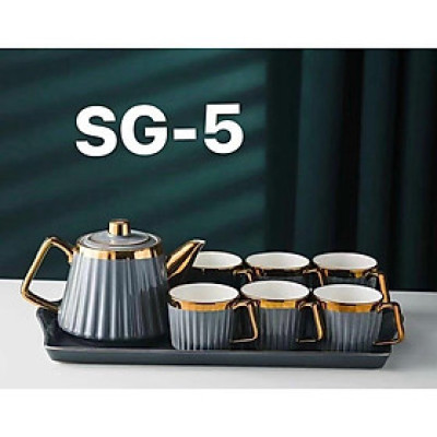 BỘ ẤM CHÉN PHA TRÀ CÀ PHÊ DÁNG THẤM MÀU GHI VIỀN VÀNG