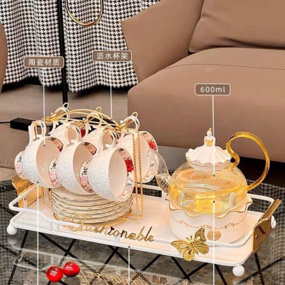 BỘ ẤM CHÉN PHA TRÀ  KÈM ĐẾ CHÂM NẾN  SỨ HÂM NÓNG MÀU TRẮNG VIỀN VÀNG CAO CẤP CAMELIA - ANTH451