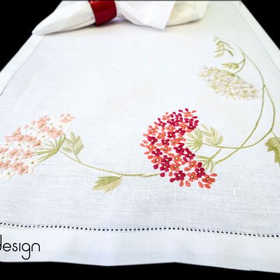 Bộ lót đĩa và khăn ăn linen thêu hoa cẩm tú cầu