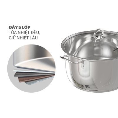 Nồi inox 5 đáy Sunhouse SHG788, Chất liệu inox cao cấp không bị oxy hóa, Đáy 5 lớp tỏa nhiệt đều, giữ nhiệt tốt