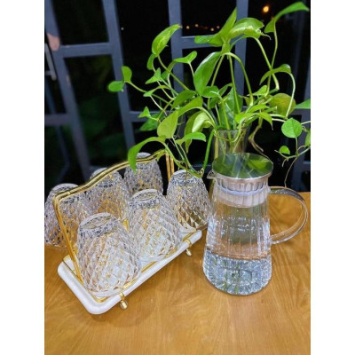 Bộ bình đựng nước uống thủy tinh chịu nhiệt cao cấp kèm giá úp có khay hứng nước