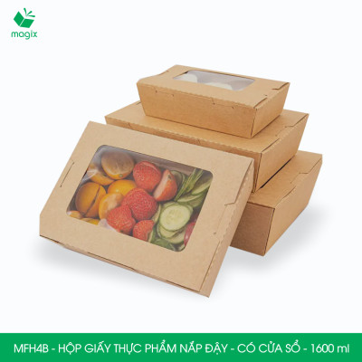 MFH4B - 1600ml - 50 hộp giấy kraft đựng thực phẩm, hộp giấy đựng thức ăn có cửa sổ, hộp đựng cơm