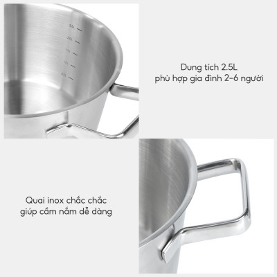 Nồi inox 304 vung kính đáy 3 lớp Lebenlang LBL2529, size 20 có khe chắt nước, dùng cho mọi loại bếp - hàng chính hãng