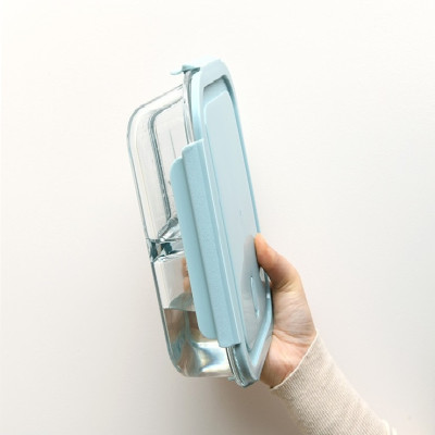 Hộp cơm trưa 3 ngăn bằng thủy tinh chịu nhiệt - tặng kèm thìa và đũa inox (giao màu ngẫu nghiên) 