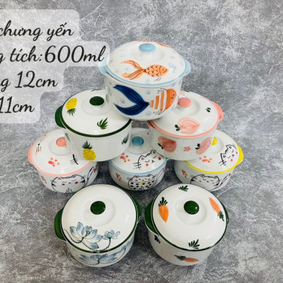Thố nắp thố chưng yến gốm sứ Bát Tràng cao cấp vẽ tay xuất dư dung tích 600ml