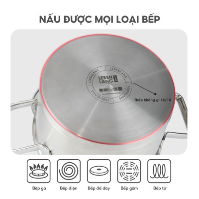 Nồi inox 304 vung kính đáy 3 lớp Lebenlang LBL2529, size 20 có khe chắt nước, dùng cho mọi loại bếp - hàng chính hãng
