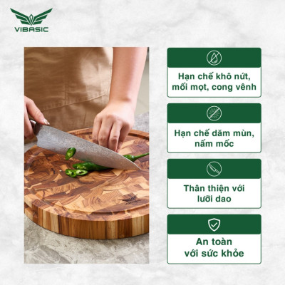 Thớt gỗ Teak Vibasic A80 phiên bản YÊU NƯỚC, thớt chặt ghép dựng block kích thước 320x38mm, khắc logo 80 năm 2/9