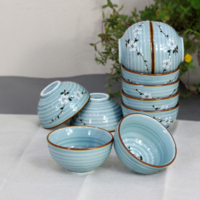 Bộ bát ăn cơm men Lam Ngọc vẽ hoa Anh Đào cao cấp gốm sứ Bảo Khánh Bát Tràng