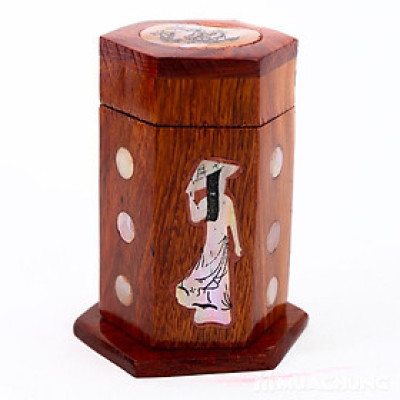 Lọ đựng tăm - hũ tăm gỗ hương khảm cô gái - loại đẹp