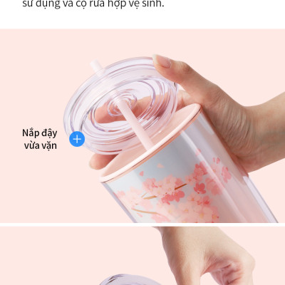 Ly nhựa LocknLock 2 lớp 750ml HAP522 720ml Anh Đào - Hàng chính hãng kèm ống hút, cách nhiệt tốt, miệng rộng - JoyMall