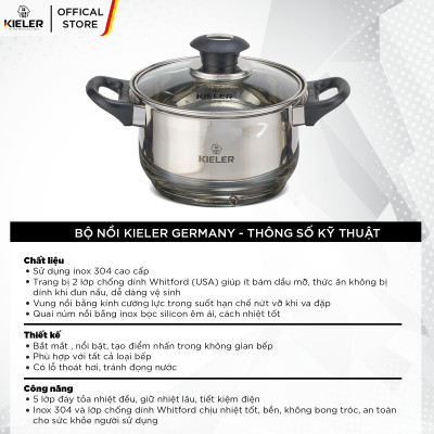 Nồi Inox 5 đáy KIELER đáy từ 16cm nấu nhanh, tiết kiệm điện, có 2 lớp chống dính Whitford ít bám dầu mỡ RW1222-16