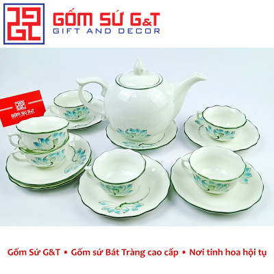 Bộ trà chóp lửa men kem vẽ sen xanh Gốm Sứ G&T